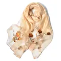 Champagne silk scarf with floral embroidery and gold trim for elegant women - 195cmx70cm / Champagne