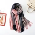 Pink gray and blue patchwork cashmere scarf with fringe tassels on white background - Navy & Dusty Pink