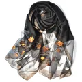 Black silk scarf with gold embroidery, floral patterns and sequined butterfly details - 195cmx70cm / Elegant Black