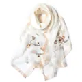 Elegant ivory long silk scarf with embroidered floral branch and butterfly patterns - 195cmx70cm / Milk White