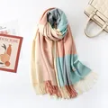 Winter plaid wool scarf with tassels in pastel pink, yellow, blue, and gray blocks - Pink Blue