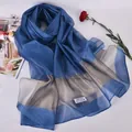 Elegant 100% silk sun protection shawl scarf in navy blue and silver grey color block design - Denim Blue