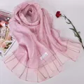 Pink checkered mulberry silk scarf for women featuring elegant translucent organza texture - Pink