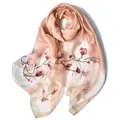 Elegant champagne silk scarf with pink magnolia floral embroidery and golden edges - 195cmx70cm / Pink