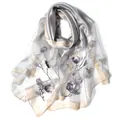 Silver silk scarf with purple magnolia and butterfly embroidery on sheer fabric - 195cmx70cm / Gray