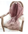 Close-up of silk wool shawl showing intricate floral embroidery and sheer fabric texture - 180x80cm / Leather Purple
