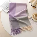 Plaid wool scarf in lavender and grey color block pattern with decorative tassels - Purple Beige
