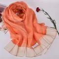 Vibrant orange silk scarf with gold check pattern and sheer beige borders - Orange