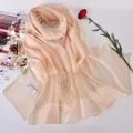 Elegant nude 100% pure silk long scarf wrap with soft sheen and delicate stitched edges - Beige