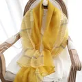 Elegant yellow striped silk wool scarf draped on a vintage wooden chair with white shirt - 190cm / Yellow