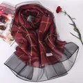 Burgundy 100% silk scarf with golden grid pattern and sheer black mesh trim edges - Burgundy