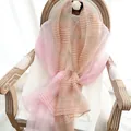 Pink and tan striped silk wool scarf draped elegantly on a vintage wooden chair - 190cm / Pink