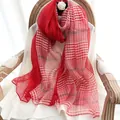 Silk wool scarf with red and white plaid pattern in a lightweight, elegant long shawl design - 190cm / Red