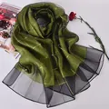 Deep olive green silk scarf with golden grid patterns and black sheer mesh edges - Army Green