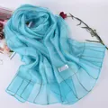Lake blue 100% silk scarf for women featuring a gold grid pattern and lightweight texture - Sky Blue