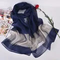 Elegant 100% silk long scarf in navy blue and champagne gold patchwork design - Navy Blue