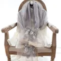 Elegant grey silk wool shawl for women featuring intricate floral embroidery details - 180x80cm / Gray
