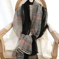 Plaid silk wool shawl scarf in black and white check pattern with red stripe accents - 190cm / Black