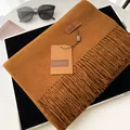 Caramel cashmere-like scarf with fringe and leather logo for autumn and winter - Caramel color