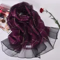Deep purple silk scarf with black organza mesh and gold check pattern and pearl necklace - Purplish Red