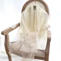 Cream silk wool scarf featuring delicate floral embroidery and elegant wavy edges - 180x80cm / White