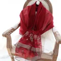 Elegant deep red silk wool scarf with silver floral embroidery and metallic edges - 180x80cm / Burgundy