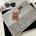 Light gray faux cashmere scarf with fine tassels and premium leather brand label - Light Gray