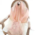 Elegant peach pink silk wool scarf with floral embroidery and golden shimmering edges - 180x80cm / Pink