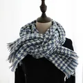 Blue and white houndstooth scarf with fringe detail for autumn and winter warmth - 190cm / Blue Houndstooth