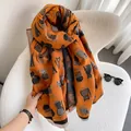 Bright orange cat print scarf with soft tassels for winter warmth and fashion styling - Orange