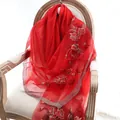 Elegant red silk wool scarf with silver floral embroidery on a vintage chair - 180x80cm / Red