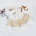 Elegant white and champagne striped 100% silk long scarf with translucent texture - White
