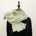 Close-up of cream and green plaid scarf texture and soft fringe on a mannequin - 190cm / Grass Green