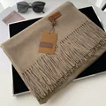 Thick cashmere-like scarf in warm brown coffee tone with elegant long tassels - Extended Version / Hemp Khaki