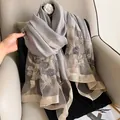 Elegant grey silk wool shawl with floral embroidery and sequin mesh for women - 195cmx70cm / Gray