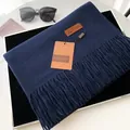 Solid navy blue faux cashmere scarf for men and women with elegant fringe and leather tag - Navy Blue