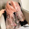 Pink silk wool embroidered floral scarf with elegant plum blossom patterns for women - Pink