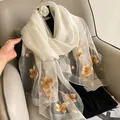 Detailed embroidery on cream silk wool scarf featuring golden floral patterns - 195CM / Milk White