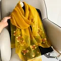 Detail of yellow silk wool scarf featuring floral embroidery and pearl embellishments - 195CM / Yellow