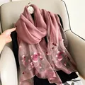 Detail of embroidered silk wool shawl with delicate floral patterns and pearl accents - 195CM / Leather Red