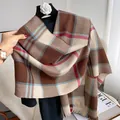 Detail of classic plaid cashmere scarf with soft tassels and earthy checkered pattern - Dark Brown Beige Red Plaid (Type B)