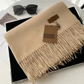 Solid camel cashmere-like winter scarf with tassel edges and premium brand tags - Extended Version / Light Camel