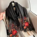 Detail of red floral embroidery on sheer black silk wool shawl for women - 195CM / Black