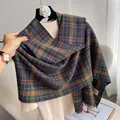 Close-up of vintage plaid scarf showing deep green and orange check pattern with fringe - Dark Green Orange Navy Plaid (Type D)