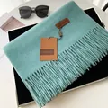 Thick cyan cashmere-like scarf with fringe edges and premium leather brand tag - Extended Version / Haze Blue