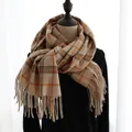 Elegant beige and orange plaid cashmere-like scarf with long tassels for women - 190cm / Japanese Camel Plaid