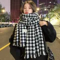 Black and white houndstooth cashmere feel scarf with fringe and text label - Black and White
