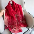 Red silk wool shawl with elegant floral embroidery and sequins for elegant women - Wine Red