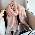 Detail of elegant pink silk wool scarf texture with white camellia flower brooch - 195CM / Pink