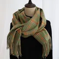 Elegant green houndstooth scarf with orange grid patterns and stylish long fringe tassels - 190cm / Japanese Green Plaid